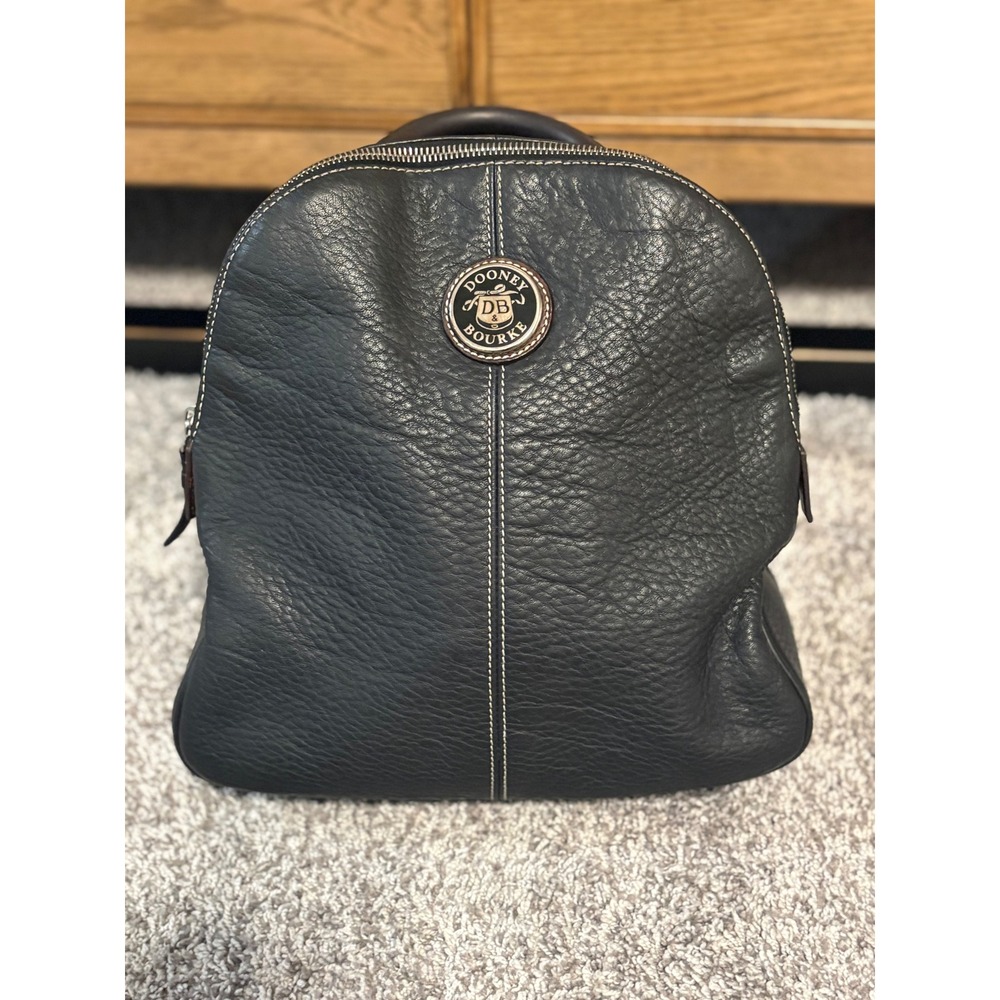 Dooney & Bourke Vintage Black Pebbled Leather Dome Backpack Brown Straps